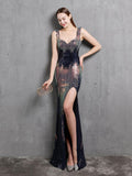 Evening Sequins Full Dress Sleeveless Backless Side Split Party Gowns Squre Neck Women Formal Robe De Soriee Vestidoes