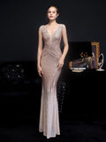 V Neck Sleeveless Mermaid Party Dress Sequins Backless Women Prom Gowns Floor Length Long Evening Robes