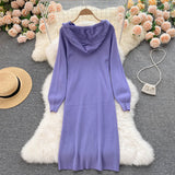 Autumn Winter Warm Hooded Long Sleeve Loose Casual Sweater Dress Ribbed Knitted Elegant Midi Dress