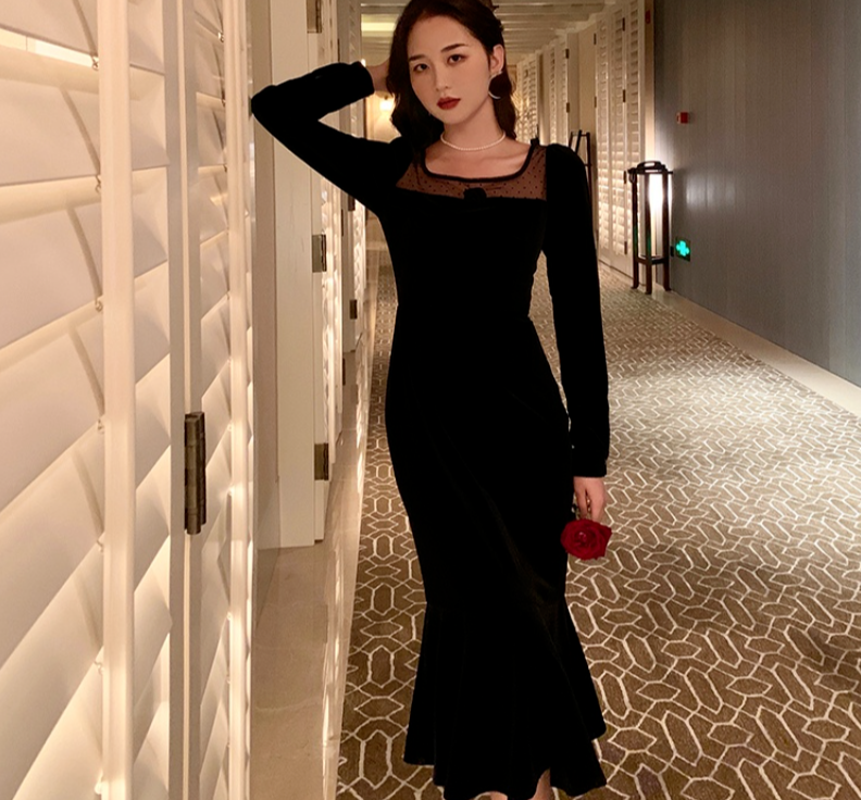 Vintage One Piece Dress Korean Long Sleeve Black Velvet Dress Office L –  jetechband