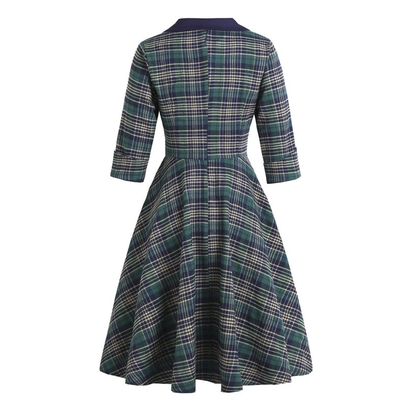 Elegant Notched Collar Buttons Retro 50s Style Midi Plaid Rockabilly Dresses for Women 3/4 Length Sleeve Winter Vintage Dress