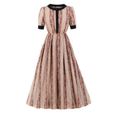 Color Block Vintage Floral Print Elegant Party Midi O-Neck Button Up Elastic Waist Robe Dress