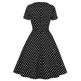 Slim Fit Cotton Black Women Party Dress Small Polka Dot Printing Short Sleeve Swing Causal Office OL Rockabilly Sundress