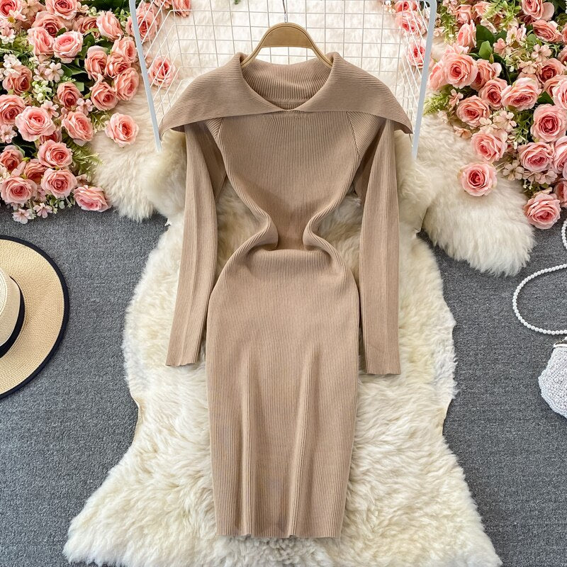 Bodycon Women Clothing Elegant Cape Collar Ribbed Knitted Dress Autumn Winter Warm Mini Casual Long Sleeve Dress
