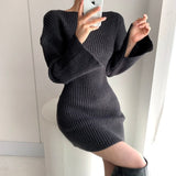 Fall Winter Elegant Warm Ribbed Knitted Bodycon Dress Round Neck Long Sleeve Solid Sexy Mini Dress