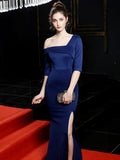 Navy Blue One Shoulder Half Sleeves Sexy Evening Party Dress Mermaid Robe De Soriee Stretches Fabric Prom Gown