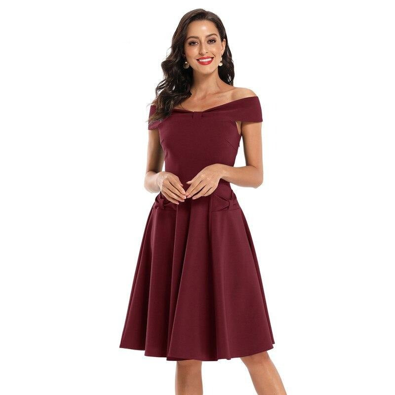 Green Solid Bow Off Shoulder Elegant Party Vintage Slim Fit and Flare Midi Ladies Swing Dress