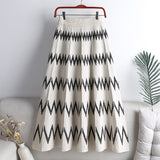 Elegant A Line Women Winter Casual Striped Knitted Skirts Elastic High Waist Casual Midi Long Skirt