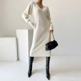 Elegant Winter Warm Thick Soft Knitted Sweater Dress Woman Long Sleeve U Neck Bodycon Midi Dress