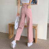 Women High Waist Casual Jeans Korean Style Solid Color All-match Ladies Straight Denim Pants