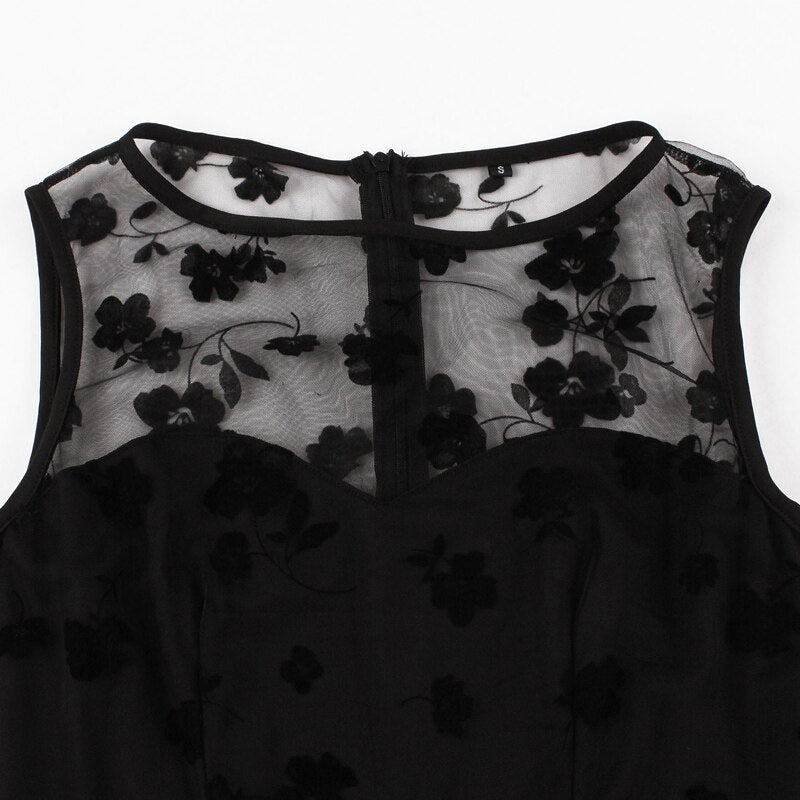 2021 Floral Embroidered Mesh Overlay Elegant High Waist Black Tunic Dresses for Women Sleeveless A Line Winter Party Dress