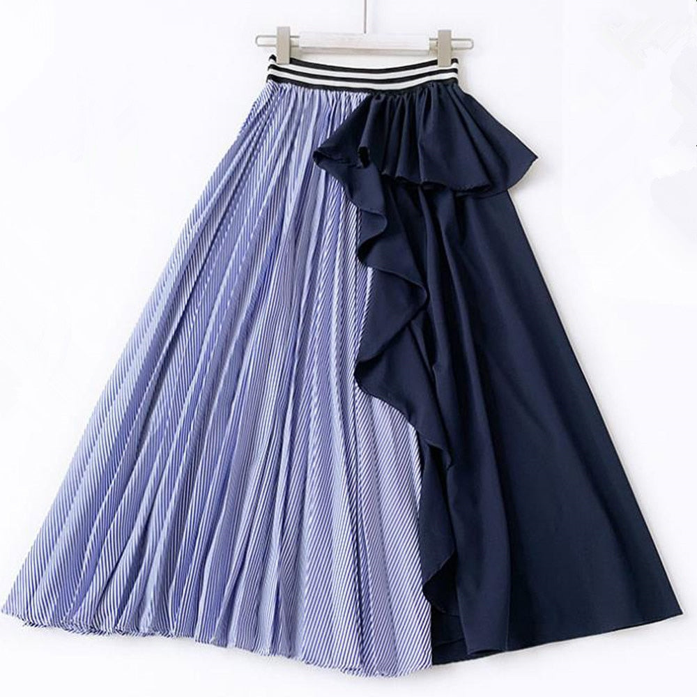 Pleated Chiffon High Waist Women Maxi Skirts Midi Length Striped Long Skirt