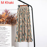 Women Chiffon Pleated Skirt Elastic High Waist Summer Print Casual Midi Long Skirt