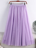 Spring Summer Elastic High Waist Elegant Layered Tulle Skirt Solid A Line Mesh Midi Long Skirt