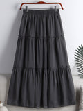Fashion Faux Pearl Rhinestone Beaded Tiered Midi Skirt Elastic High Waist Solid Casual A Line Skirt