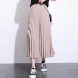 Women Long Summer Vintage High-Waist Faldas Casual Solid Color Loose Chiffon Pleated Skirt