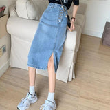 New Denim Women Long Jeans Skirt Button A-Line Casual High Waist Skirts