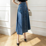 High Waist Pleated Long Women Vintage Flared Jean Skirt Vintage Casual Loose Solid Denim Maxi Skirts