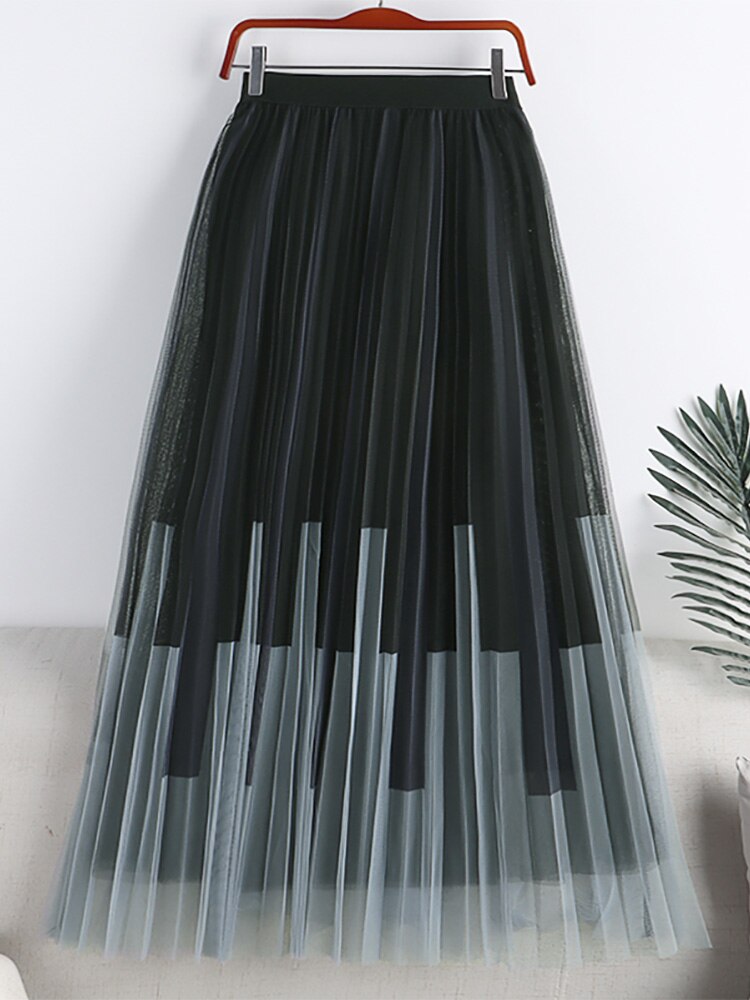 Contrast Color Striped Mesh Pleated Skirt Women Elastic High Waist Casual Tulle Midi Skirt
