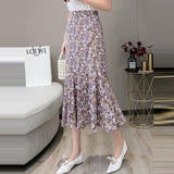 Women Chiffon Casual Summer Vintage Floral Print High Waist Ladies Elegant A-line Long Skirt
