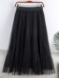 Summer Women Solid Casual Tulle Elastic High Waist Elegant Mesh Pleated Skirt