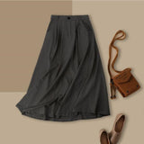 Summer Vintage Long Women Korean Green High Waist Pleated Cotton Linen Midi Skirt