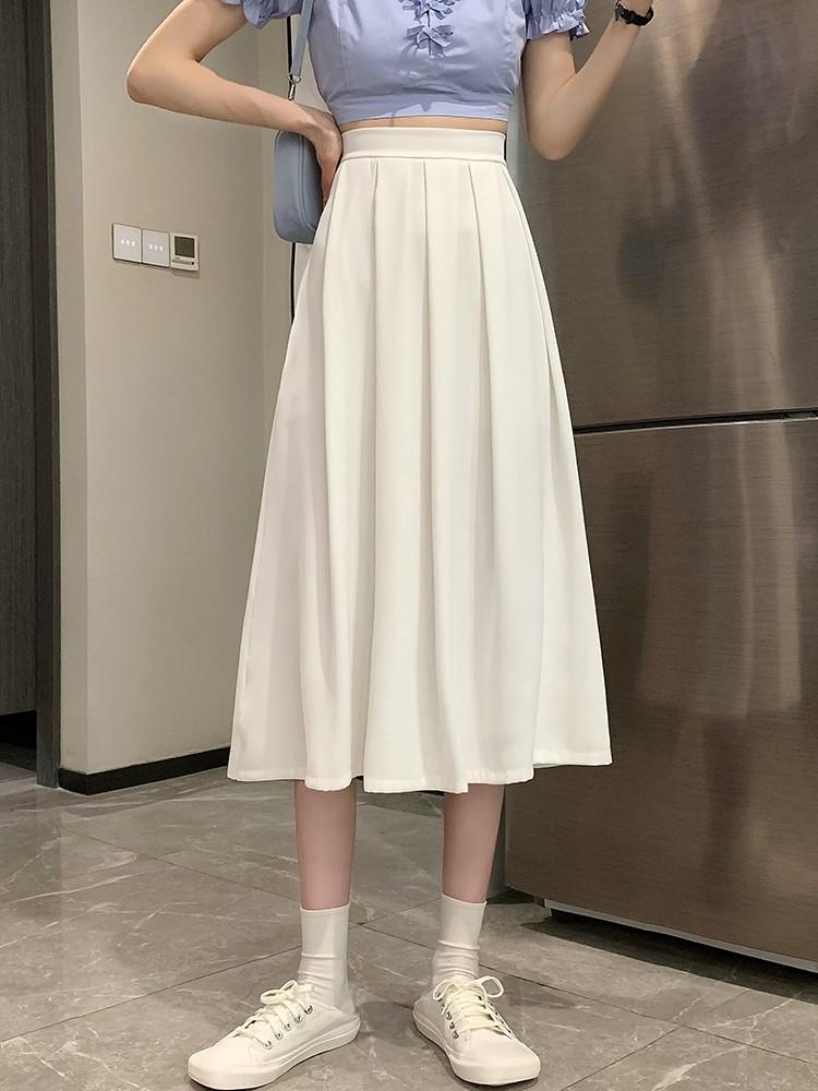 Ladies Elegant A-line Summer Fashion Korean Style Solid Color High Waist Women Pleated Long Skirt
