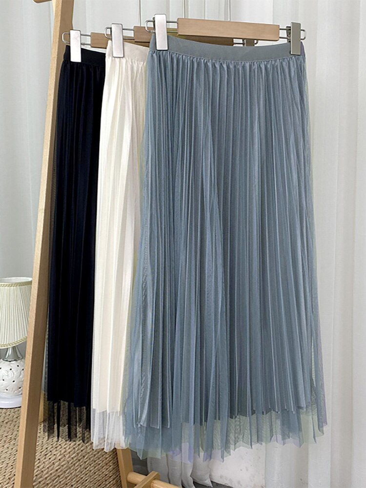 Fashion Satin Effect Lining Tulle Reversible Elegant Pleated Skirt Women High Waist Midi Skirt