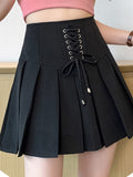 Women Summer High Waist Lace-up Pleated Preppy Style Fashion All-match A-line Mini Skirt