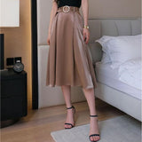 Women Summer A Line Satin Midi Skirts Elegant Office Style Party Lady Solid High Waist Long Skirt