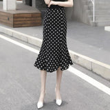 Summer Vintage Polka Dot Long Women High Waist Midi Skirt Ladies Black Chiffon Office Trumpet Skirt