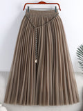 A Line Mesh Midi Skirt With Chain Belt Elastic High Waist Solid Casual Pleated Skirt