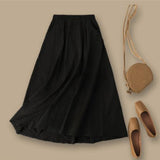 Summer Vintage Long Women Korean Green High Waist Pleated Cotton Linen Midi Skirt