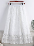 Openwork Lace Woman Solid Vintage Elegant A Line Elastic High Waist Midi Long Skirts