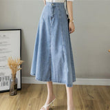 Women Denim Maxi Long Girl Pleated Korean Harajuku Mujer Faldas Blue Vintage Jeans Skirts