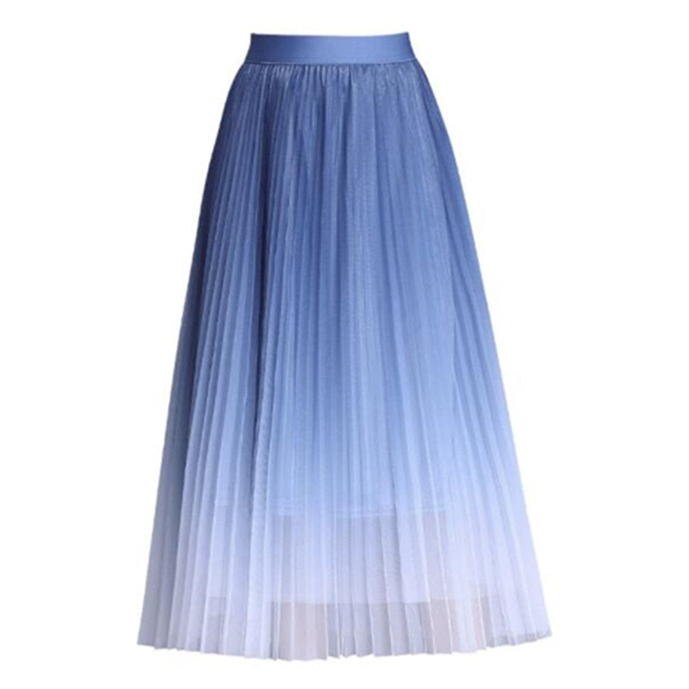 Tutu Tulle Women Summer Korean Gradient Color Pleated Maxi Skirt High Waist Mid-Calf Long Skirts