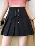 Women Summer High Waist Lace-up Pleated Preppy Style Fashion All-match A-line Mini Skirt