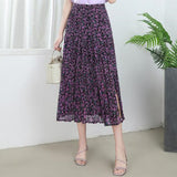 Women Summer Vintage Boho Floral Maxi Skirt Ladies Retro High Waist Side Slit Casual Pleated Skirts