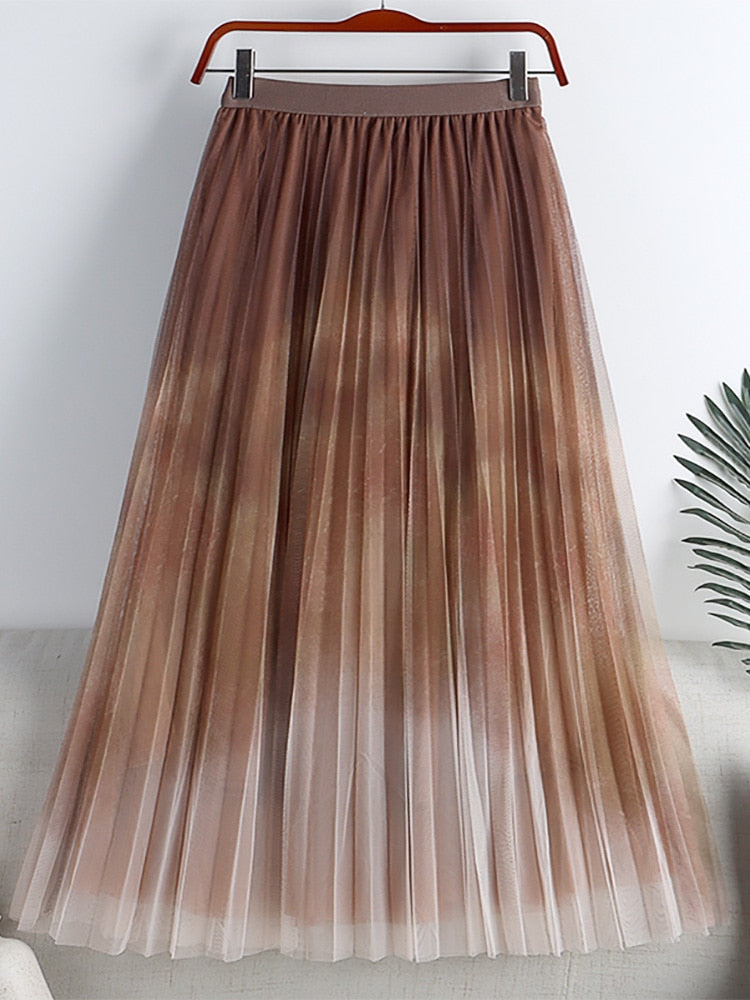 Long Women Tie Dye Print Gradient Color Mesh Pleated Skirt Elastic High Waist Tulle Midi Skirt