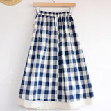 Vintage Plaid Print Long Women Spring Summer Japanese Retro Casual High Waist A-Line Midi Skirt