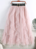 Ruffle Tulle Skirt With Decorative Belt Elastic High Waist Casual Pleated Midi Skirt