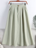 Summer Solid Casual A Line Skirt With Side Pocket Women Office Lady Elegant High Waist Midi Skirt
