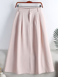 Spring Summer High Waist Solid Big Swing A Line Women Office Lady Elegant Midi Skirt