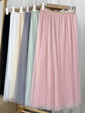 Spring Summer Women Elastic High Waist A Line Tulle Solid Casual Big Swing Mesh Midi Skirt
