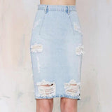 High Waist Denim Summer Knee Length Solid Color Bag Hip Denim Jeans Skirt Pencil Streetwear