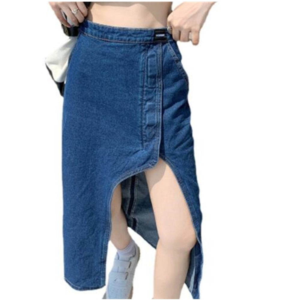 New Women Long Casual High Waisted Jeans Skirt Elegant Open Front Split Denim Skirts