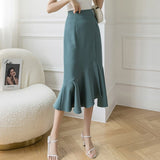 Ladies Elegant A-line Long Spring Office Style Solid Color All-match High Waist Women Mermaid Skirt