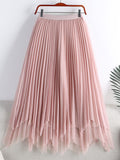 Fashion Irregular Hem Tulle Mid Calf Long Solid Casual Elastic High Waist Mesh Pleated Skirt