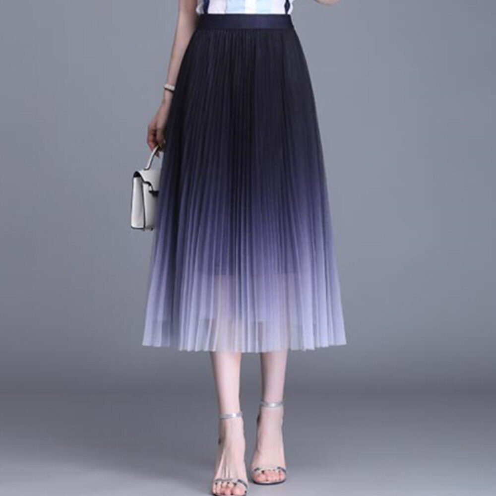 Tutu Tulle Women Summer Korean Gradient Color Pleated Maxi Skirt High Waist Mid-Calf Long Skirts