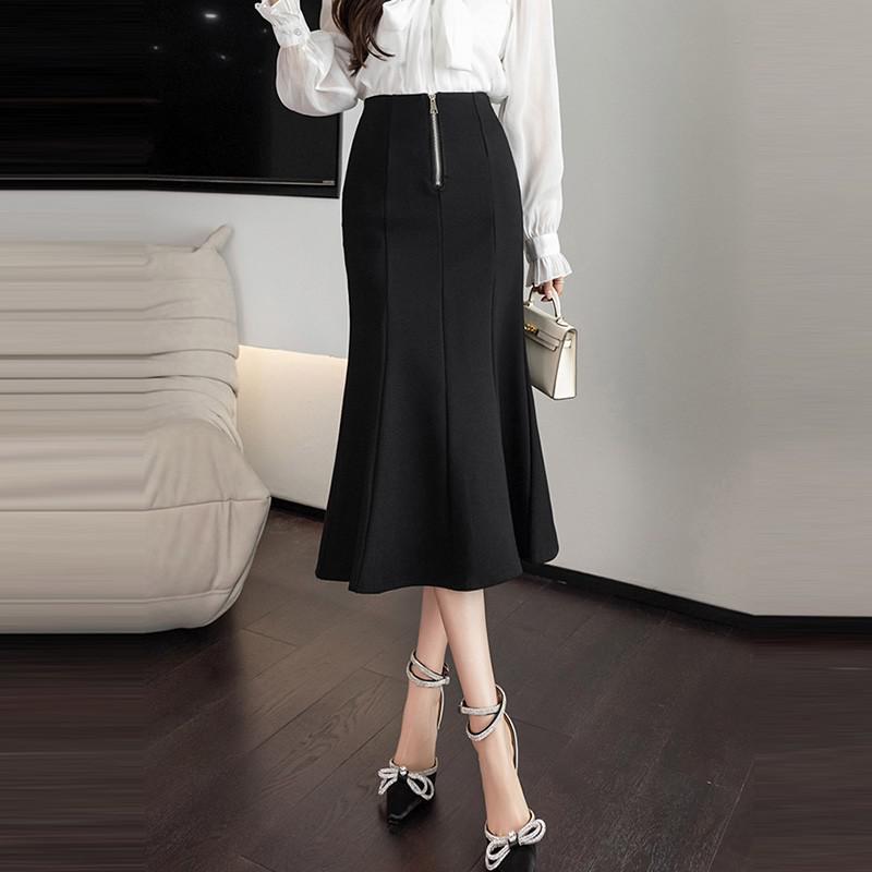 Ladies Elegant Slim Mermaid Spring Office Style All-match High Waist Women Black Long Skirt